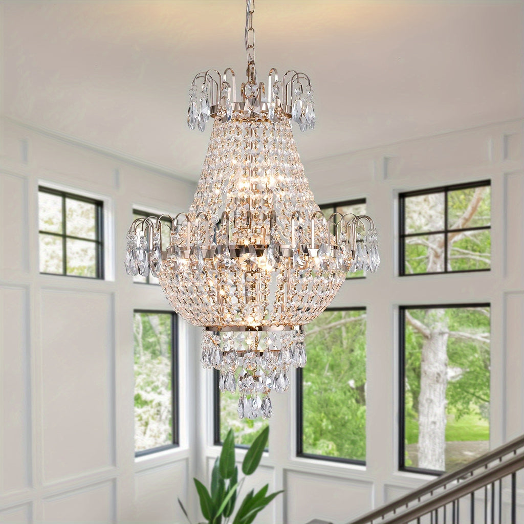7-light crystal chandelier, French gold, D 16.9 "x H 26.9" luxury chandelier, used in restaurants, lighting fixtures with raindrops close to the ceiling, E12 light bulb, used in living rooms, bathrooms, foyers, and kitchens
