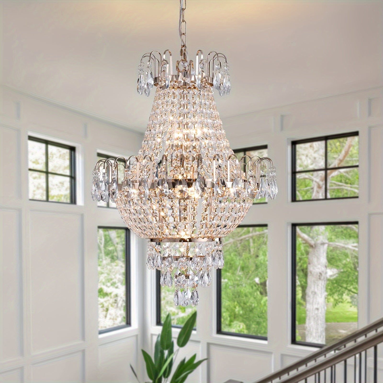 7-light crystal chandelier, French gold, D 16.9 "x H 26.9" luxury chandelier, used in restaurants, lighting fixtures with raindrops close to the ceiling, E12 light bulb, used in living rooms, bathrooms, foyers, and kitchens