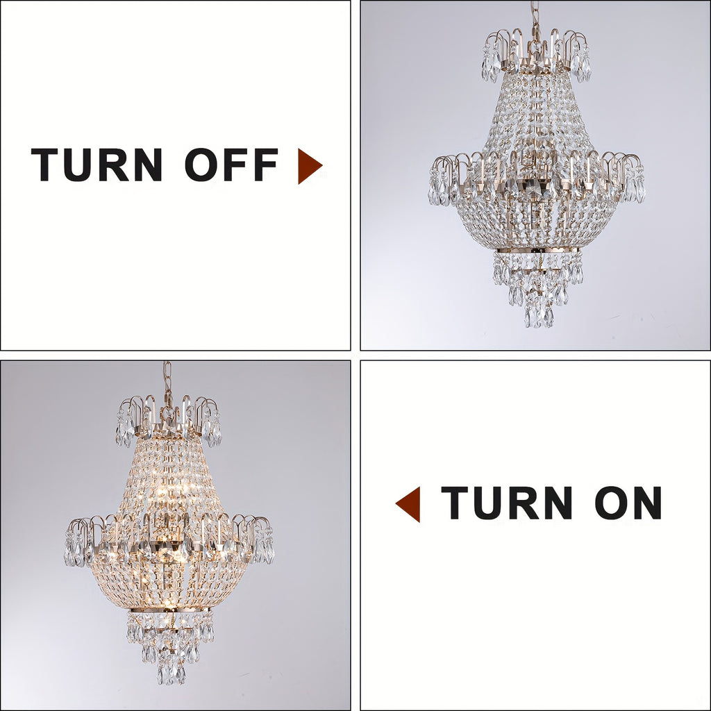 7-light crystal chandelier, French gold, D 16.9 "x H 26.9" luxury chandelier, used in restaurants, lighting fixtures with raindrops close to the ceiling, E12 light bulb, used in living rooms, bathrooms, foyers, and kitchens