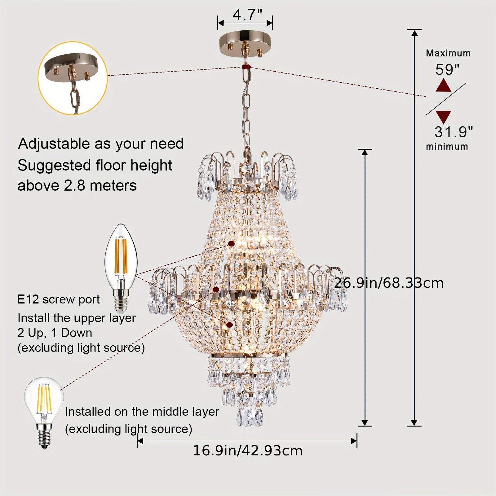 7-light crystal chandelier, French gold, D 16.9 "x H 26.9" luxury chandelier, used in restaurants, lighting fixtures with raindrops close to the ceiling, E12 light bulb, used in living rooms, bathrooms, foyers, and kitchens