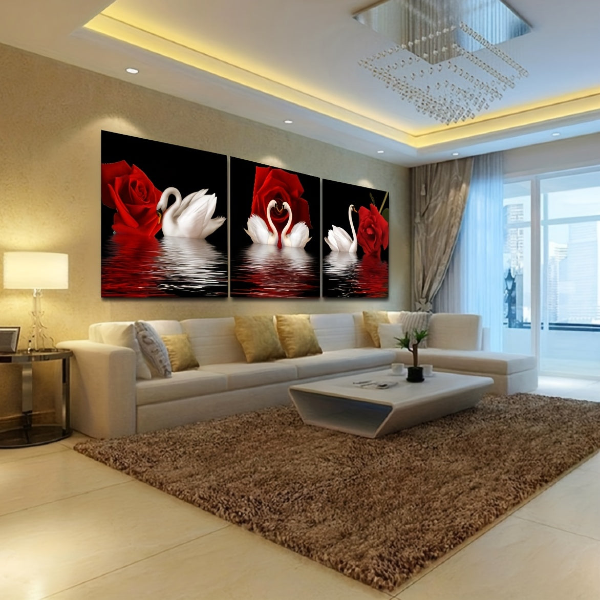 3pcs/set Romantic Swans and Red Rose Canvas Wall Art for Living Room, Bedroom, and Office Decor - Beautiful and Elegant Design - No Frames Needed