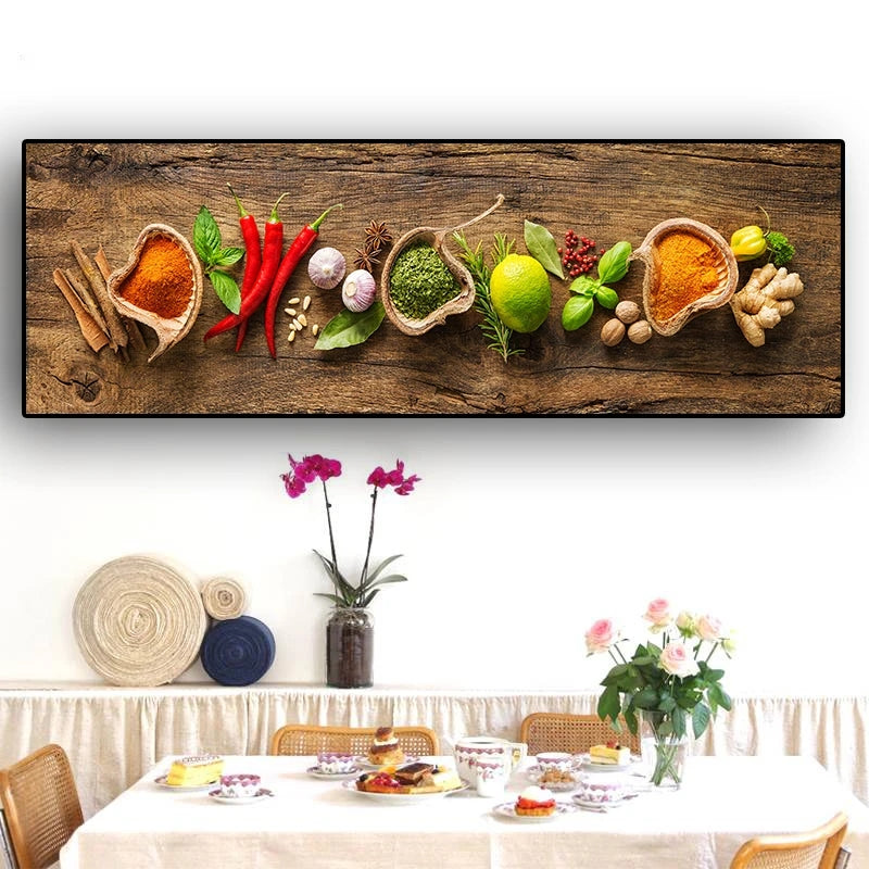 1pc Canvas Painting, Grains Spices Spoon Peppers Painting, Wall Art Decor, For Living Room, Dining Room, No Frame, 19.68*59.05inch